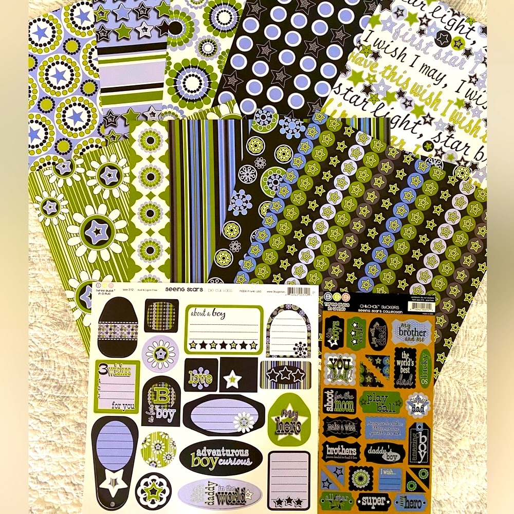 🌟 THREE BUGS IN A RUG “SEEING STARS” STICKERS & SCRAPBOOK PAPER BUNDLE. RETIRED